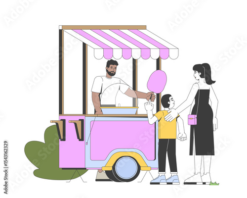 Cotton candy vendor handing over sweet snack to young boy and mother 2D cartoon characters. Mom child at carnival booth amusement food flat vector people isolated on white. Spot illustration colorful
