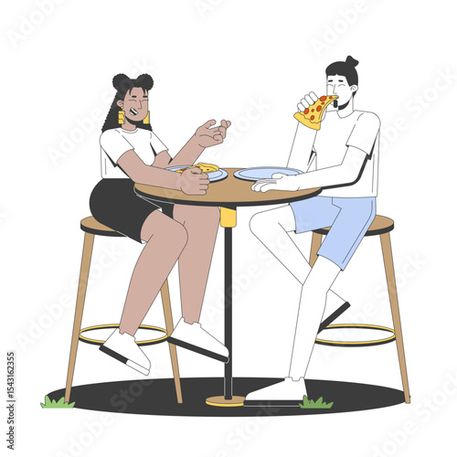 Gen z couple sharing pizza at outdoor table 2D cartoon characters. Multicultural friends laughing, eating pepperoni slices on date flat vector people isolated on white. Spot illustration colorful