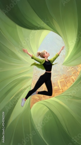 Woman Leaping Through Swirling Green Leaves Above Cityscape