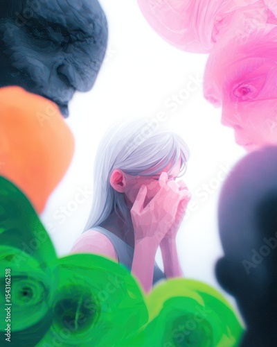 Woman with Grey Hair Surrounded by Colorful Abstract Faces in Bright Light