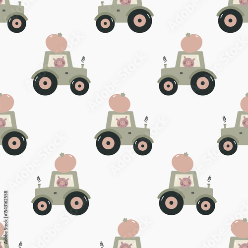Seamless pattern with tractor and cute pig. Kids background. For card, posters, banners, books, printing on the pack, clothes, fabric, wallpaper, textile or dishes.

