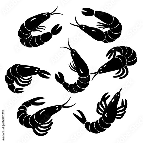 "A-A Collection 6 Set of Fried Shrimp Isolated | Generative AI Vector & Linocut Silhouette Design"