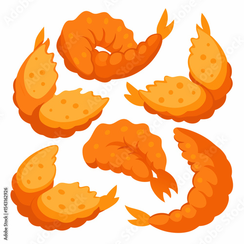 "A-A Collection 6 Set of Fried Shrimp Isolated | Generative AI Vector & Linocut Silhouette Design"