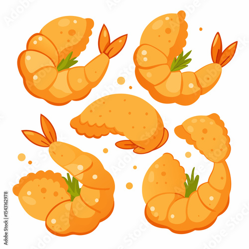 "A-A Collection 6 Set of Fried Shrimp Isolated | Generative AI Vector & Linocut Silhouette Design"