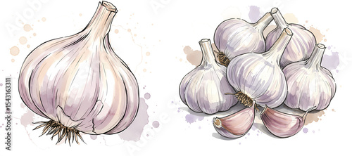 A watercolor style drawing of garlic bulbs with one isolated and a group of them together on transparent background
