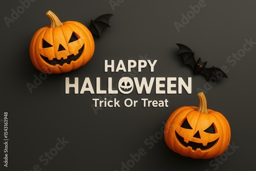 Wallpaper Mural Charming Halloween Composition with Smiling Pumpkins and Playful Bats on a Dark Gray Background, Ideal for Seasonal Promotions Torontodigital.ca