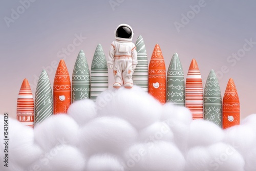 Astronaut Figurine Standing on Clouds Amidst Miniature Rockets
