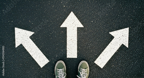 Overhead view of three white arrows on dark asphalt, pointing different directions, with feet in the center