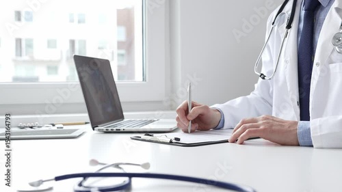 Male doctor writing a prescription and filling out medical records on a clipboard in an office setting, showcasing the essential aspects of healthcare and patient care. Medicine and health care