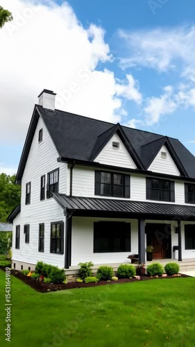 Wallpaper Mural Elegant two story house exterior with white siding, black trim, shingle roof, green lawn, and landscaping under cloudy sky. Torontodigital.ca