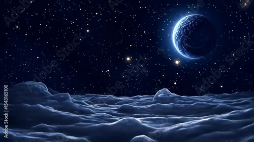 A serene view of a distant blue planet hovering above fluffy clouds in a starry night sky