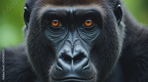 Extreme Close-Up of a Silverback Gorilla’s Wise Solemn Face with Deep-Set Brown Eyes Reflecting the Rainforest