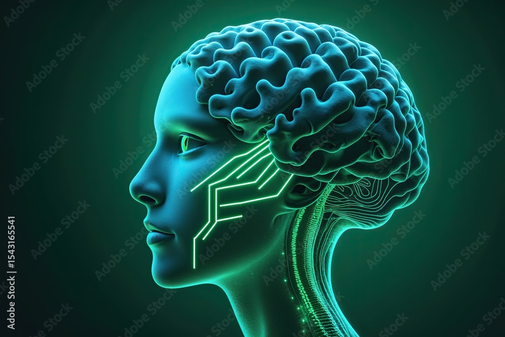 Obraz premium Coral Silhouette Deep Sea Green Optic Head with Neon Neural Circuits Showcasing Technological Advancement