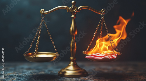 Fictional Concept: Justice Scales Tipped by a Burning Flag 