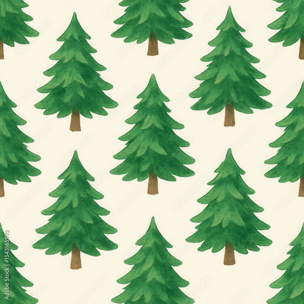 Obraz premium A seamless pattern of green pine trees on a light beige background. The trees are illustrated with a watercolor style, showcasing their natural shape and color.