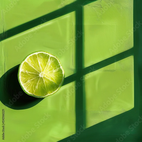 Minimalist composition featuring a slice of lime on emerald glass with strong shadow effects