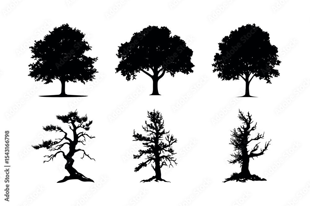 Fototapeta premium Six tree silhouettes collection vector illustration silhouette
