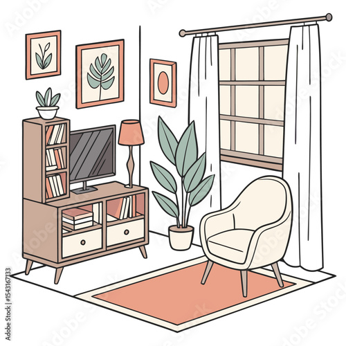 Cozy living room interior with a fireplace, comfortable furniture, and a bright window offering natural light, perfect for a relaxing home design