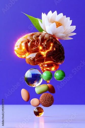 Glowing Amber Brain with Lotus Flower and Colorful Spheres