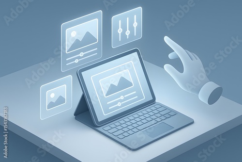 Digital Tablet with Editing Interface and Hand in a Minimalist Style