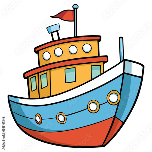 A playful cartoon boat icon sails across the water, a vibrant illustration of a vessel ready for sea travel or a fishing adventure