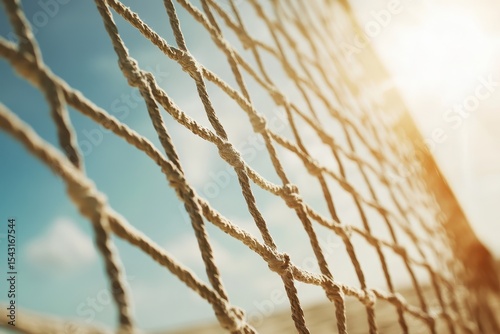 Beach Volleyball Net. Tropical Beach Background with Sand and Sun Leak
