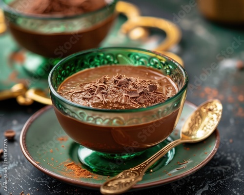 Chocolate mousse presented elegantly in emerald green glass with gold spoon, highlighting luxurious dessert appeal
