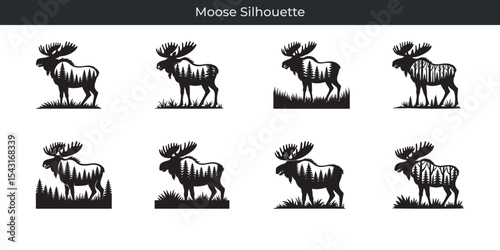 Collection of elegant moose silhouettes featuring pine trees inside their bodies against a white background