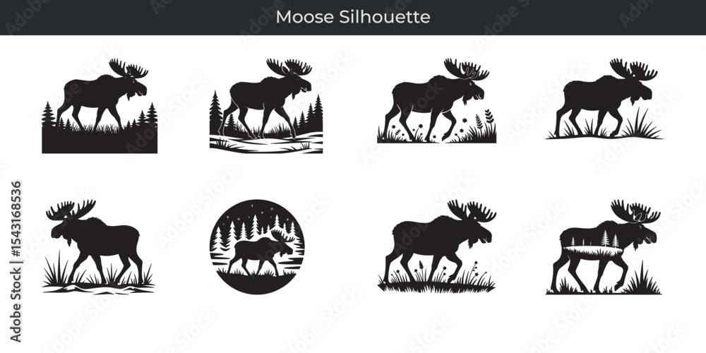 Fototapeta premium A collection of beautiful black moose silhouette designs for creative graphic projects