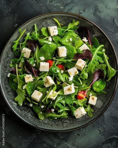 Fresh leafy green salad topped with feta on a dark emerald plate offers a healthy dining option for any meal