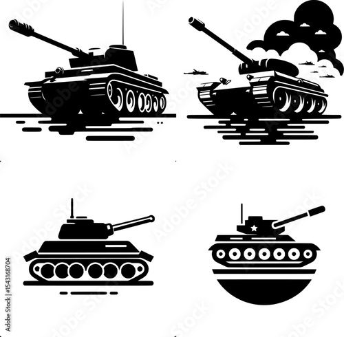 set of minimalist black and white war tank icon in line style, symbolizing modern battlefield power.