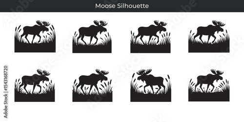 Artistic black moose silhouettes with antlers and reeds in a natural scenic illustration