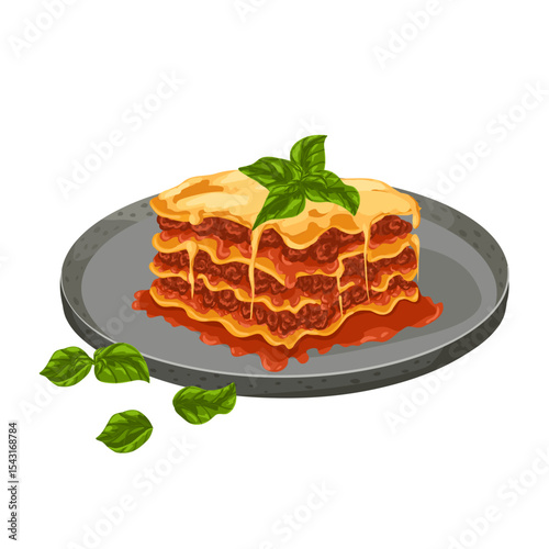 Lasagna slice with visible pasta, meat and cheese layers on a plate with green basil leaves. Cartoon vector food hand drawn illustration for cooking content, product design, branding, menu, print