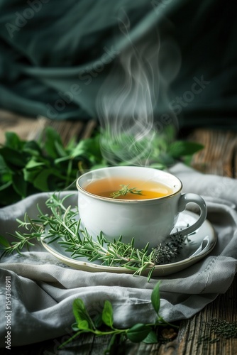 Cozy cup of herbal tea with steam surrounded by fresh green herbs and soft linen on wooden table