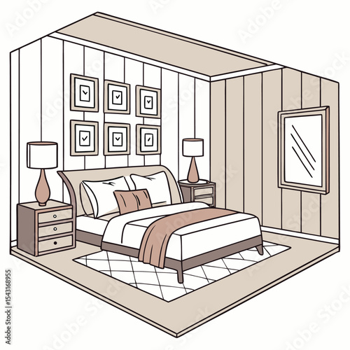 A luxurious bedroom interior design with a comfortable bed, stylish furniture, and warm lighting, perfect for a modern home or hotel apartment