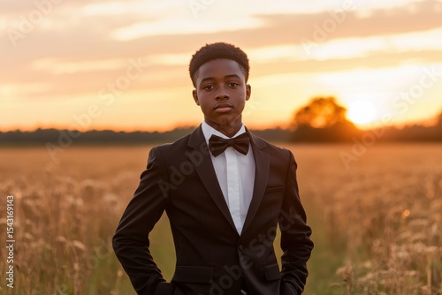 Black Teen In Suit. Assertive Young Businessman in Black Suit and Bow Tie Stands on Arable Land at Sunset