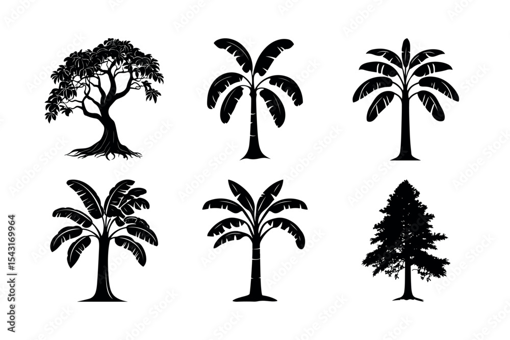 Fototapeta premium Collection of tree silhouettes banana mango pine
