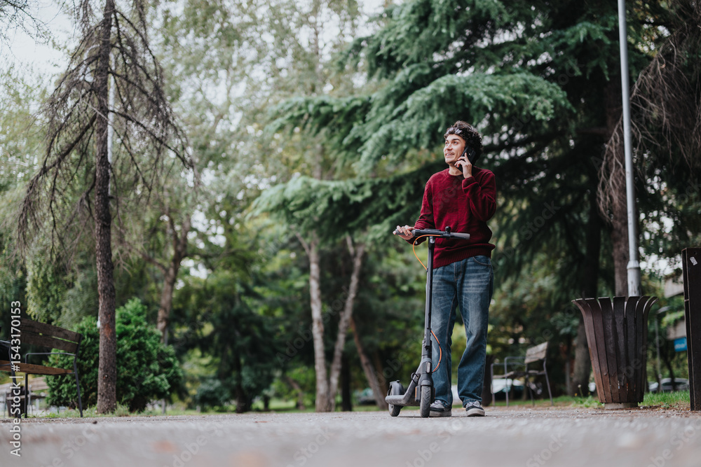 Obraz premium A man stands in a park, talking on his phone while holding an electric scooter. The scene conveys a sense of relaxation and modern urban lifestyle amidst lush greenery.