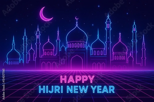 Neon Happy Hijri New Year Celebration with Mosque Skyline and Crescent Moon