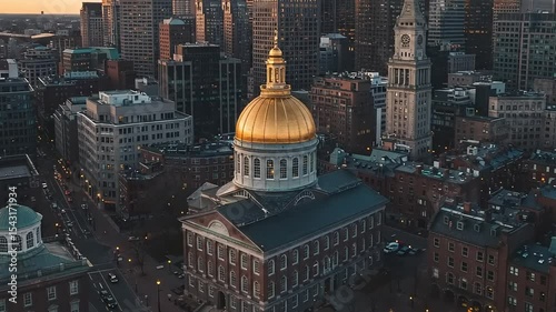 Cityscape with historic buildings and golden dome.