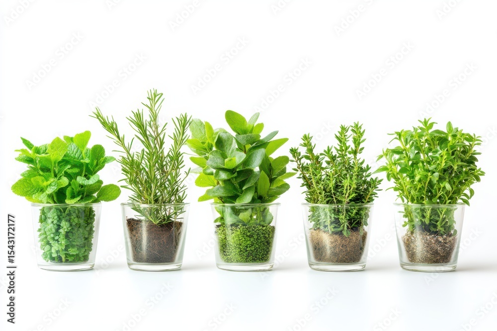 Fototapeta premium Fresh Herbs in Glass Jars Mint Rosemary Thyme Culinary Gardening Healthy 80 Char on White Background. Generative Ai