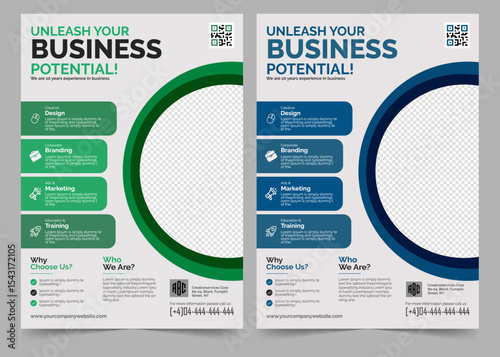 Corporate business flyer template design set with blue, orange, red and yellow color. marketing, business proposal, promotion, advertise, publication, cover page,  poster flyer with creative corporate