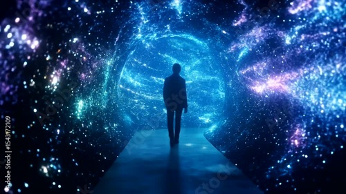 A silhouetted figure walking through a vibrant cosmic tunnel of swirling colors and lights