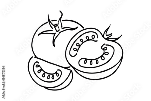 Tomatoes whole and sliced naive contour sketch vector illustration

