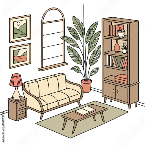 Home interior with stylish furniture including a sofa, table, and bookcase