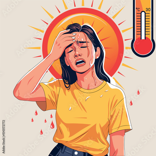 Vector illustration of a woman suffering from heatstroke, sweating under the blazing sun with a high thermometer. Ideal for health, weather, summer safety, and awareness designs.