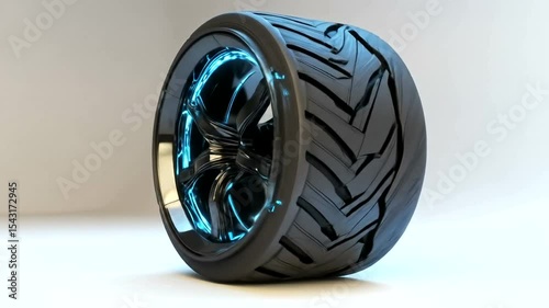 A sleek, futuristic car wheel with illuminated accents, showcasing innovative design in a studio setting