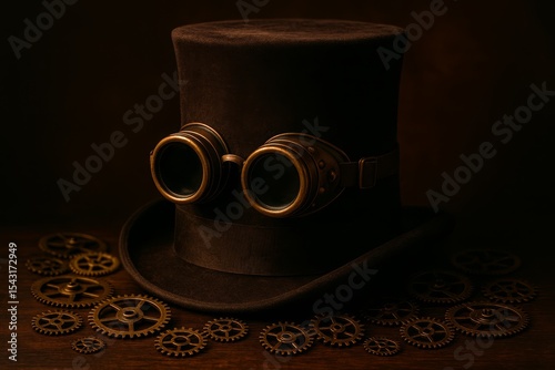 Vintage steampunk top hat with goggles and gears on a dark wooden surface in a workshop setting