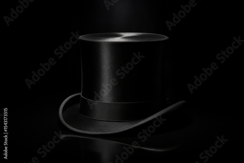 Elegant black top hat displayed against a dark background, highlighting its sophisticated design and shine