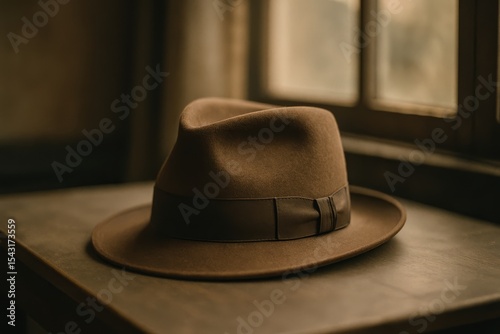 Vintage brown hat resting on a wooden table beside a window with soft light filtering through